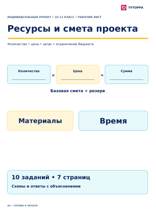 Ресурсы и смета проекта - рабочий лист по индивидуальному проекту, 10–11 классы