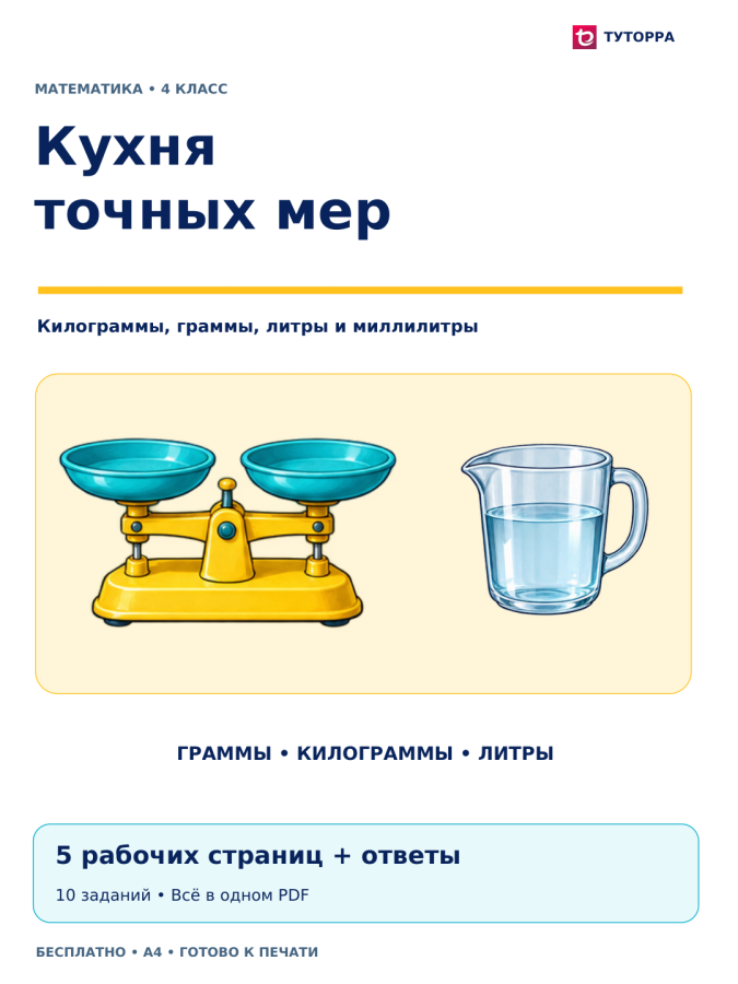 Кухня точных мер: рабочий лист по математике, 4 класс