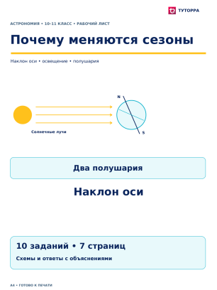 Почему меняются сезоны - рабочий лист по астрономии, 10–11 классы