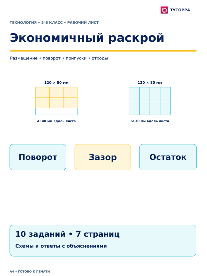 Экономичный раскрой - рабочий лист по технологии, 5–6 классы