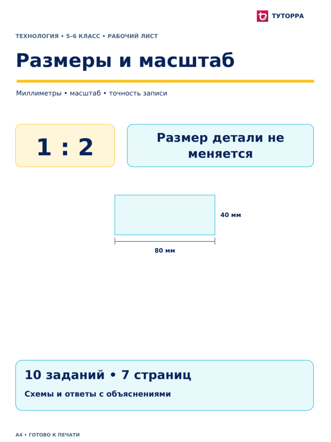 Размеры и масштаб - рабочий лист по технологии, 5–6 классы