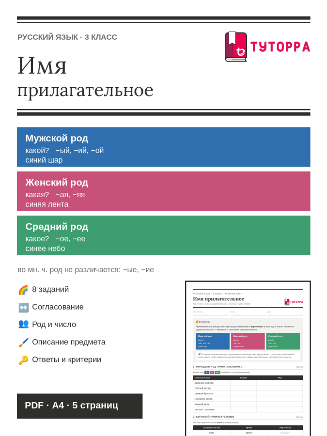 Рабочий лист по русскому языку 3 класс — Имя прилагательное: род и число