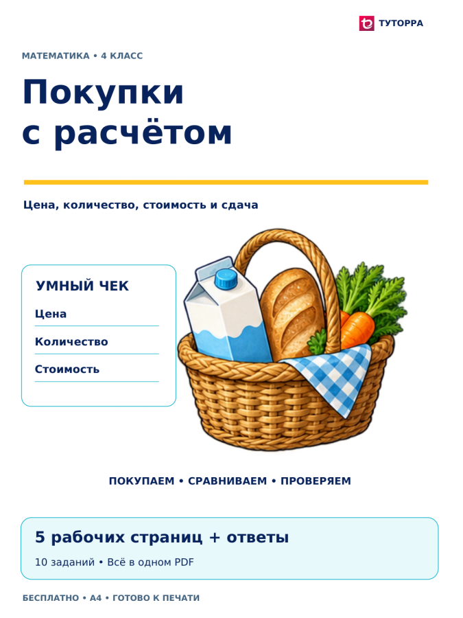Покупки с расчётом: рабочий лист по математике, 4 класс