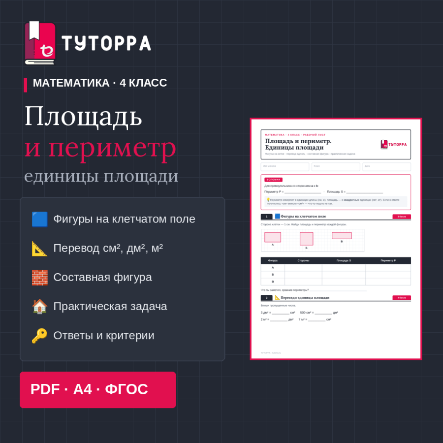 Площадь и периметр 4 класс — рабочий лист с ответами — Математика