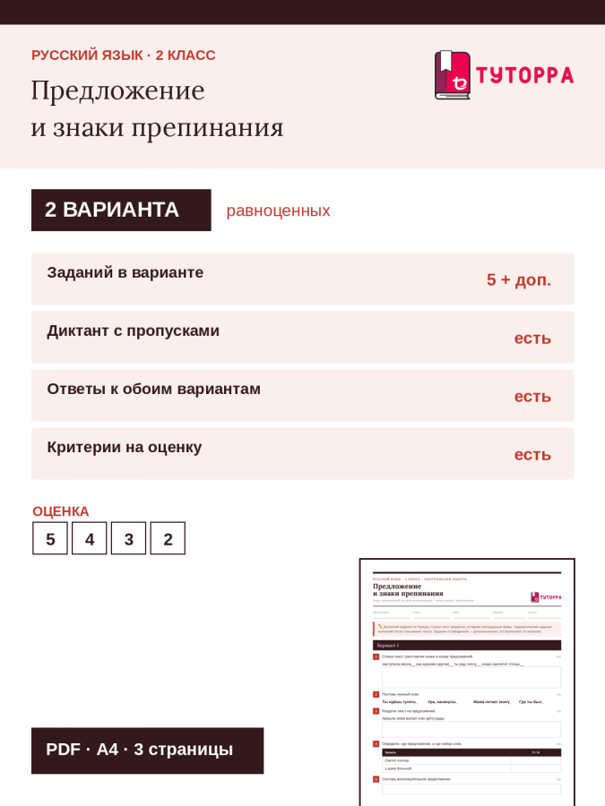 Контрольная работа по русскому языку 2 класс — Предложение и знаки препинания
