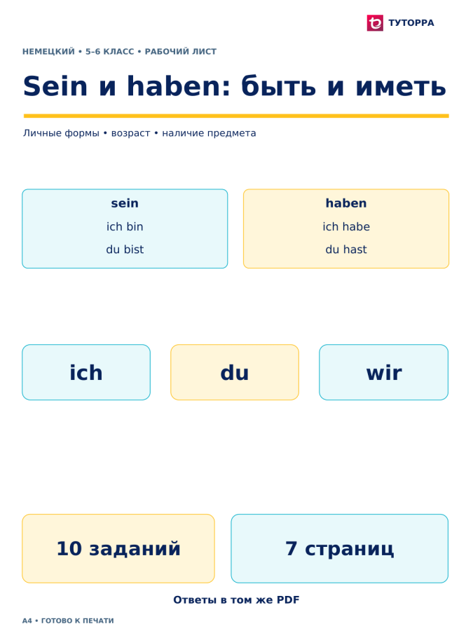 Sein и haben: быть и иметь - рабочий лист по немецкому языку, 5–6 классы